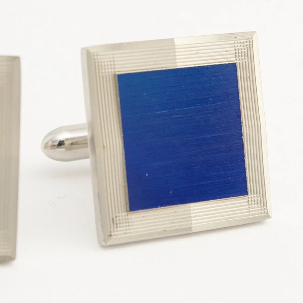 Vintage Etched Blue Tile Cufflinks Silver Tone Large Square Cuff Links